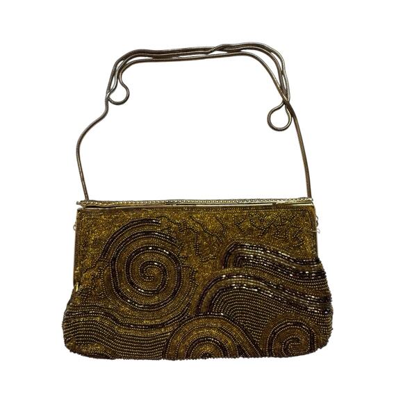 Vintage Gold & Brown Beaded Clutch Evening Bag Purse Made in Hong Kong - Picture 1 of 6